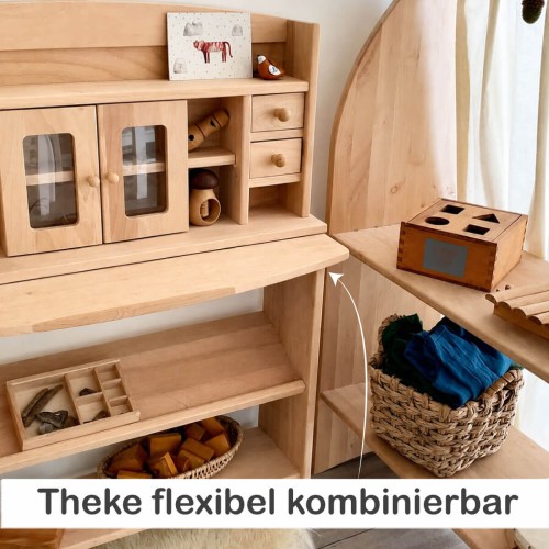 Spieltheke aus Buche freistehend nutzbar – flexibel im Kinderzimmer, Spielbereich oder Gruppenraum platzierbar